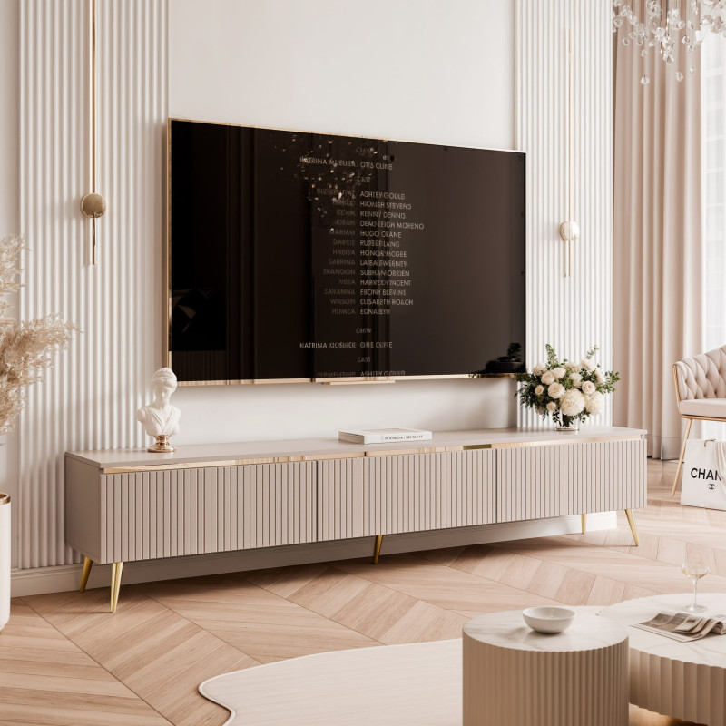 Szafka RTV ryflowana SELIA 200 cm na nóżkach kaszmir ze złotą wstawką